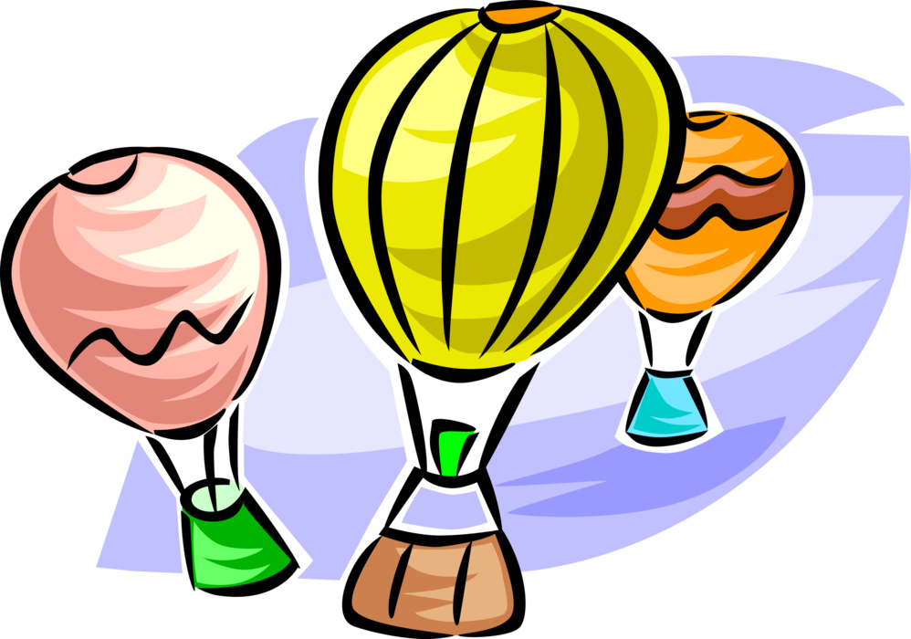 Vector Illustration of Hot Air Balloons with Gondola Wicker Basket Carry Passengers Aloft