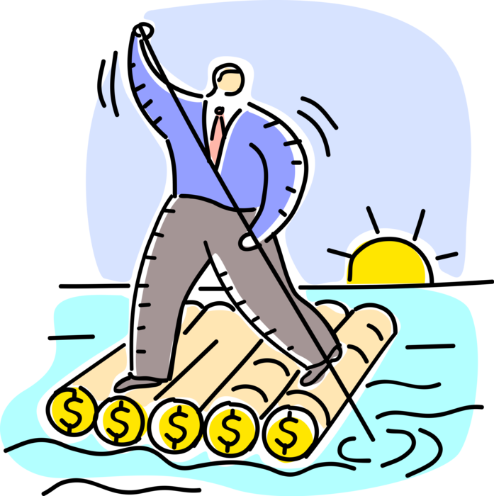 Vector Illustration of Stranded Businessman Stays Afloat on Financial Cash Money Raft Floating on Ocean