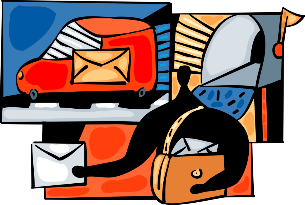 Vector Illustration of Postal Service Post Office Postman Mailman Delivers Mail Letter Envelopes in Mailbox