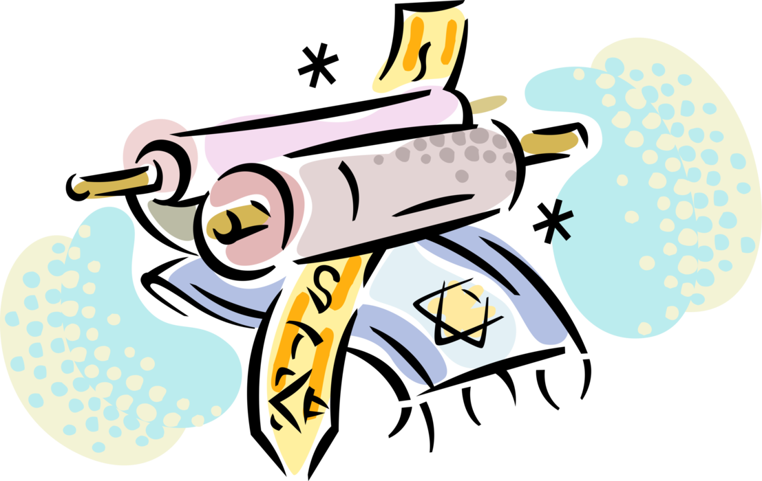 Vector Illustration of Hebrew Sefer Torah Parchment Scroll Holiest Book in Judaism with Tallit Gadol Prayer Shawl on Yom Kippur