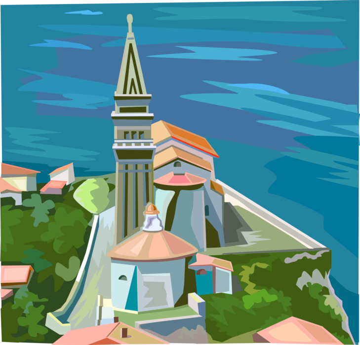 Vector Illustration of Slovenian Adriatic Seaside Coast with Saint George Church, Piran, Slovenia