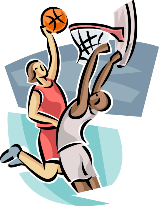 Vector Illustration of Sport of Basketball Game Player Spikes the Ball in Hoop Net