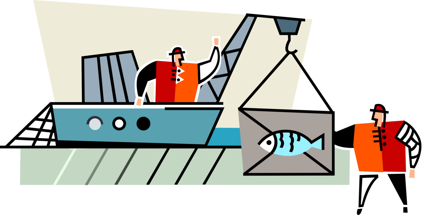 Vector Illustration of Commercial Fishing Fisherman Angler Unloads Fish Catch at Docks with Lifting Crane Hook