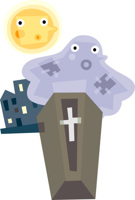 Vector Illustration of Halloween Goblin Ghost Phantom, Apparition, Spirit, Spook and Casket Coffin