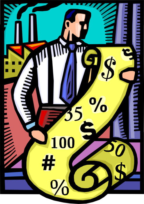 Vector Illustration of Businessman Analyzes Manufacturing Industry Factory Production Financial Report