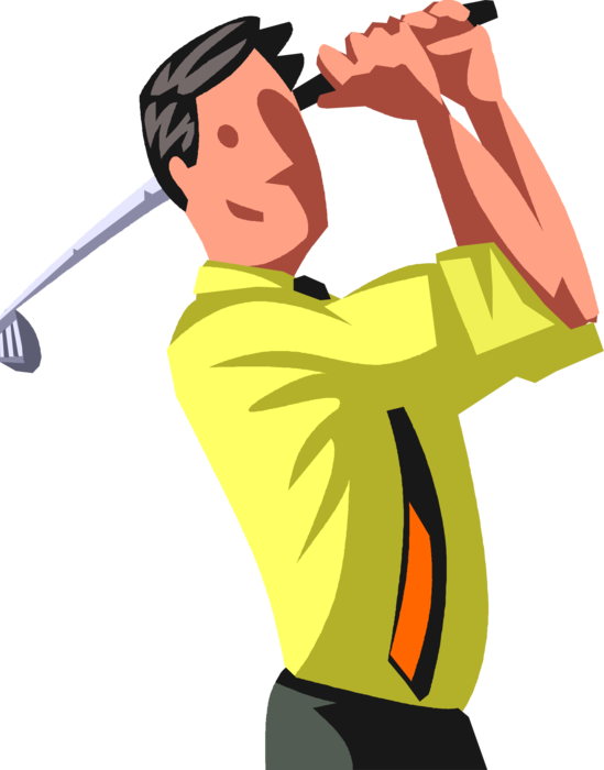 Vector Illustration of Businessman Golfer Swings Golf Club During Golfing Round