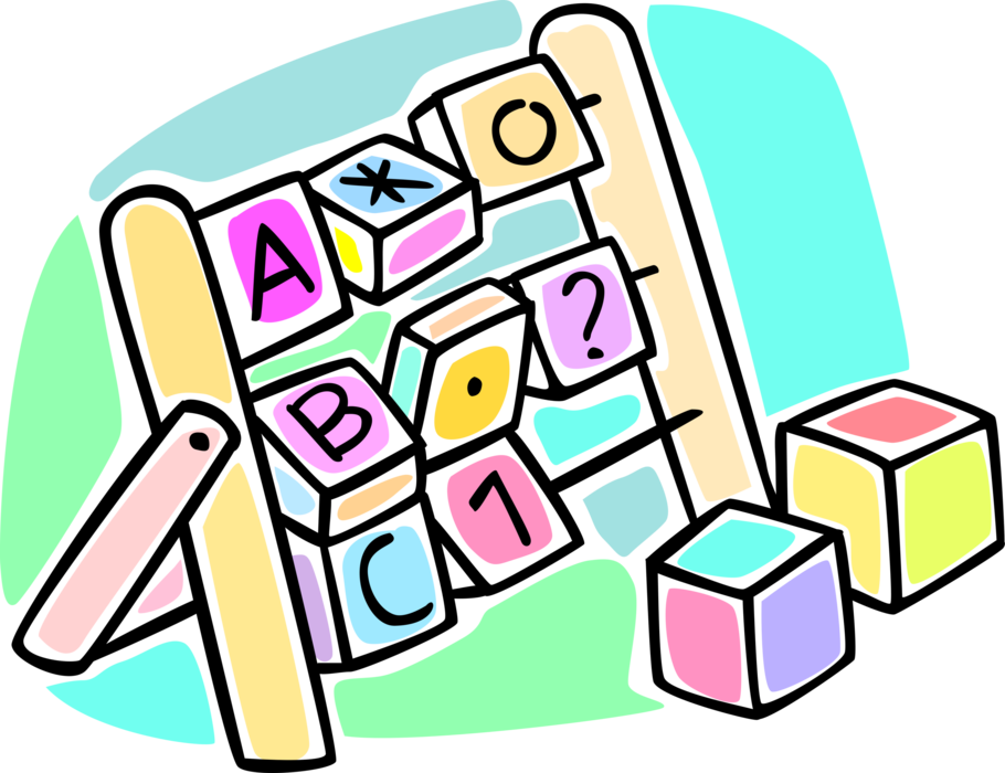 Vector Illustration of Grade School Toy Blocks Teach Students Alphabet Letters and Numbers