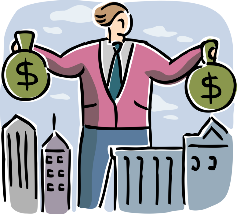 Vector Illustration of Businessman Weighs Merits of Financial Investment Cash Money Bags in Commercial Real Estate Buildings