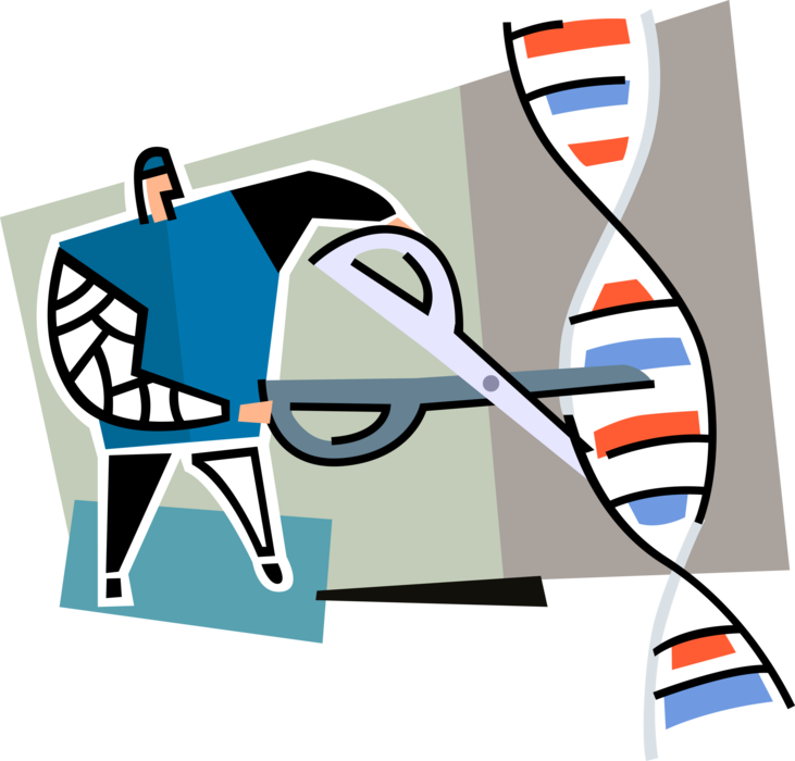 Vector Illustration of Biological Geneticist Scientist Cuts DNA Molecule that Carries Genetic Instructions with Scissors