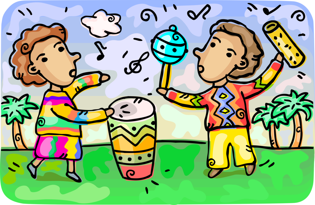Vector Illustration of Musicians Play African Bongo Drum and Latin Music Maracas or Rumba Shakers