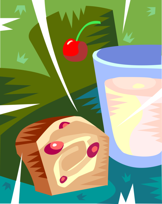 Vector Illustration of Baked Quick Bread Muffin Dessert and Glass of Fresh Dairy Milk