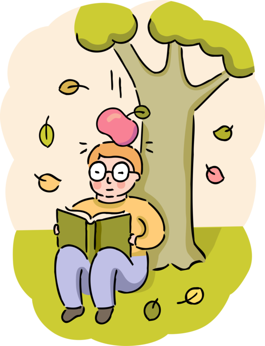 Vector Illustration of Student Reads Schoolbook Book under Apple Tree Encounters Newton's Law of Gravity with Apple Falling