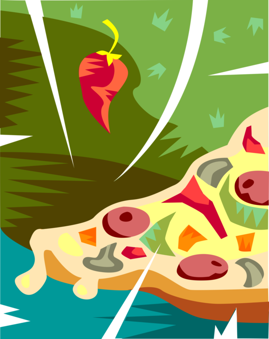Vector Illustration of Flatbread Pizza Topped with Tomato Sauce, Cheese, Pepperoni, Hot Peppers and Mushrooms