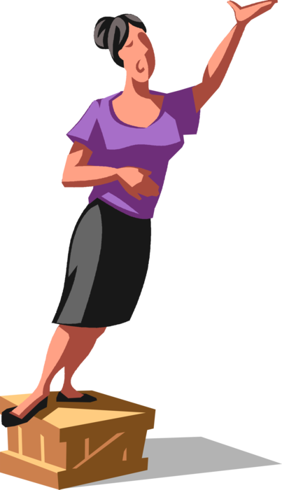 Vector Illustration of Obnoxious Businesswoman Stands on Soap Box to Express Strong Opinions and Lecture People