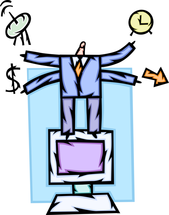 Vector Illustration of Businessman Manages Hectic Busy Day at Office Juggling Many Responsibilities