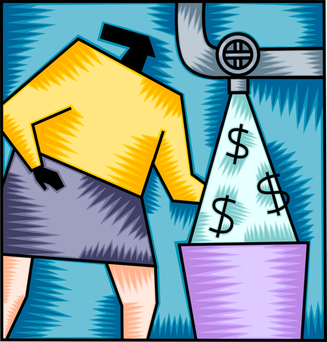 Vector Illustration of Businesswoman Turns on Financial Spigot Tap to Generate Corporate Revenue Cash Money Dollars