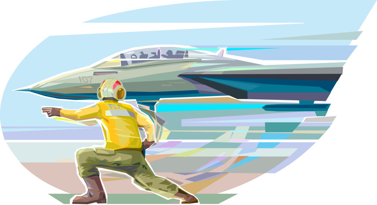 Vector Illustration of United States Navy Aircraft Carrier Air Operation Flight Deck Catapult Crew Signals Launch