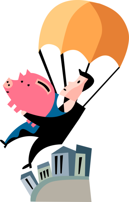 Vector Illustration of Businessman with Parachute Rescues Piggy Bank Savings Safely Floating Back to Earth