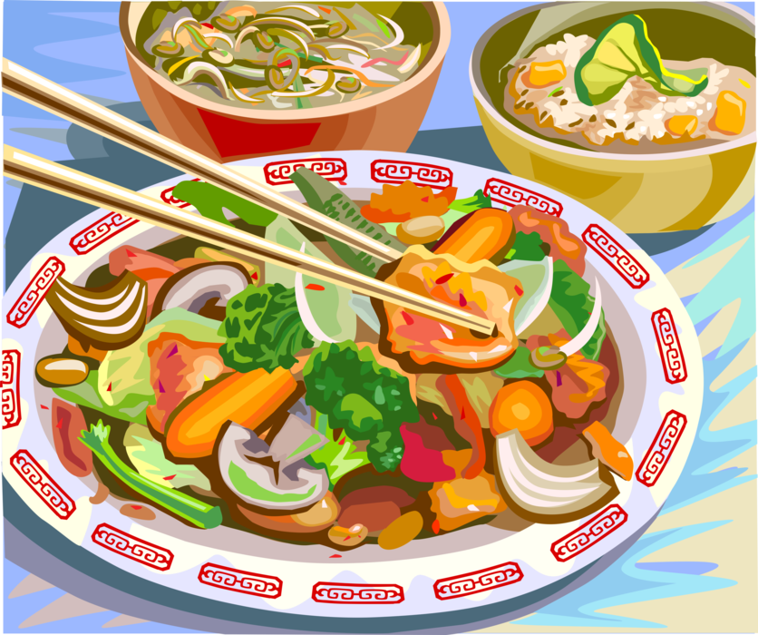Vector Illustration of Chinese Cuisine Stir Fry Dinner Food Meal with Chopsticks