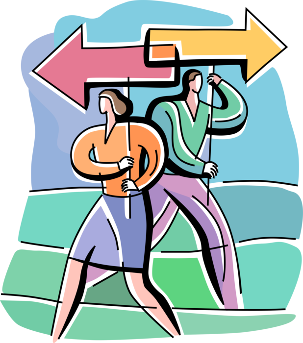 Vector Illustration of Business Associates Work at Cross Purposes with Aims or Goals that Conflict