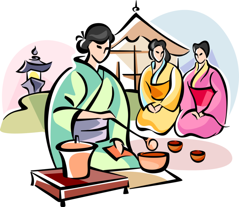 Vector Illustration of Japanese Girl Serves Tea Ceremony Chado, Sado, and Chanoyu Tea Cup