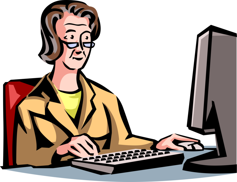 Vector Illustration of Businesswoman Works at Desk with Computer Workstation