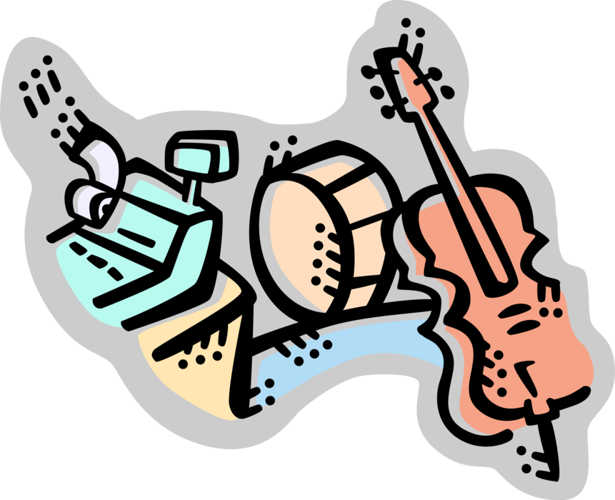 Vector Illustration of Musical Instrument Retail Music Store with Cash Register for Sales Transactions