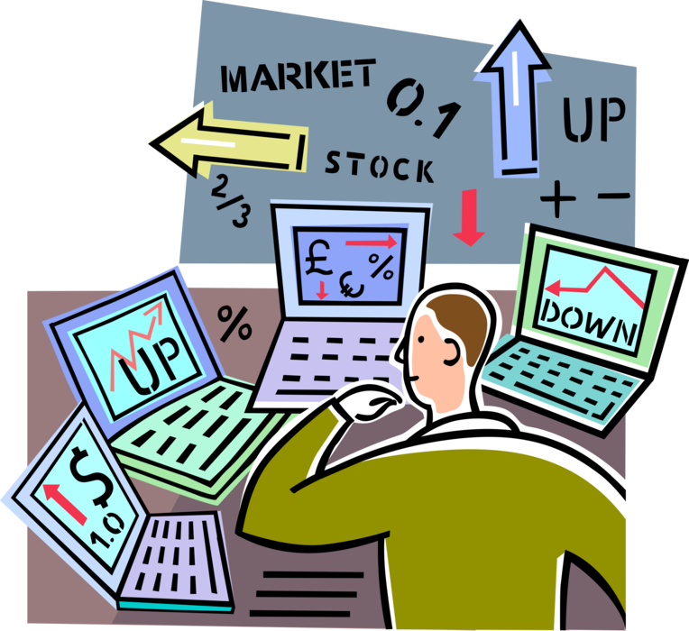 Vector Illustration of Wall Street Financial Analyst Investor with Stock Market Quotations and Computers
