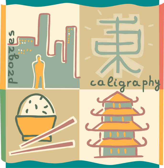 Vector Illustration of Asian Chinese and Japanese Society with Pagoda Temple, Calligraphy, Chopsticks and Rice Bowl