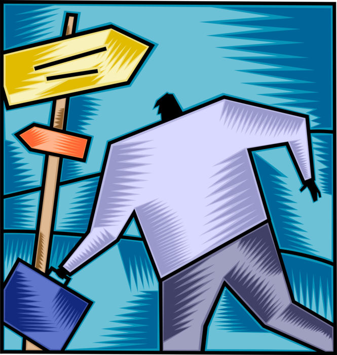 Vector Illustration of Businessman at Crossroads Makes Decision on Strategic Direction with Arrow Signs