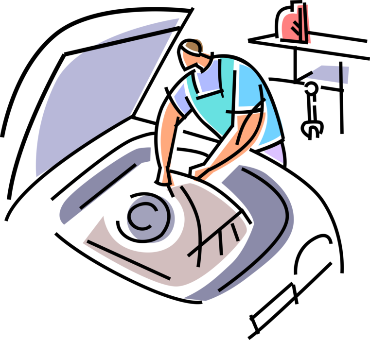 Vector Illustration of Automotive Service Technician Garage Mechanic Works on Customer Motor Vehicle Automobile Car