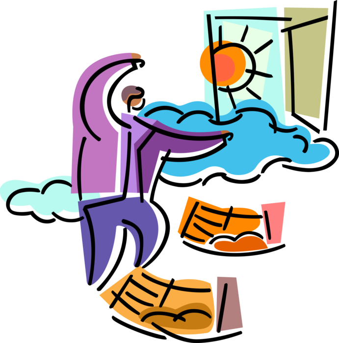 Vector Illustration of Benefiting from Helping Hands to Achieve Dreams and Ambition with Doorway in Clouds to Sunshine 