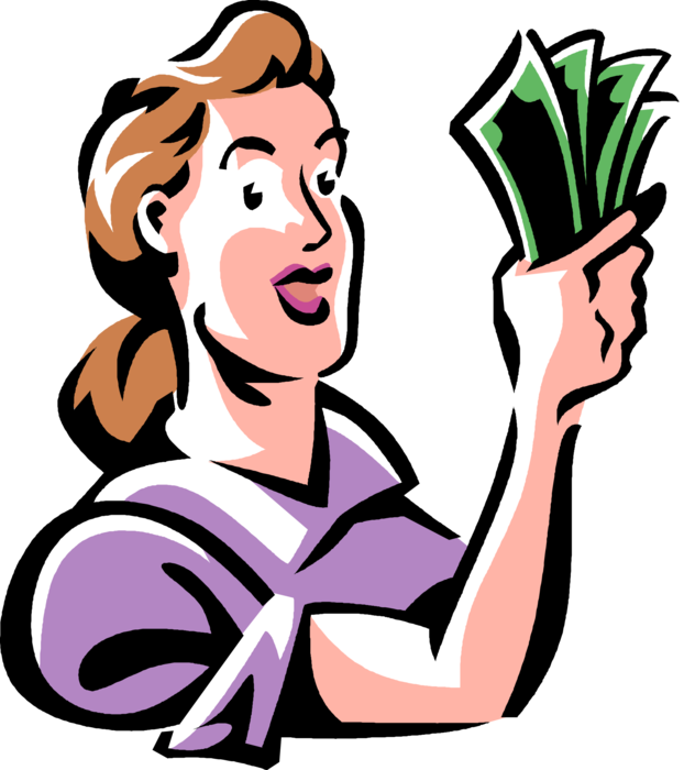 Vector Illustration of Overjoyed Woman with Fist Full of Cash Money Dollar Bills