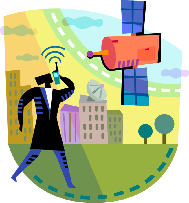 Vector Illustration of Businesswoman Benefits from Wireless Telecommunications with Mobile Phone and Space Satellite