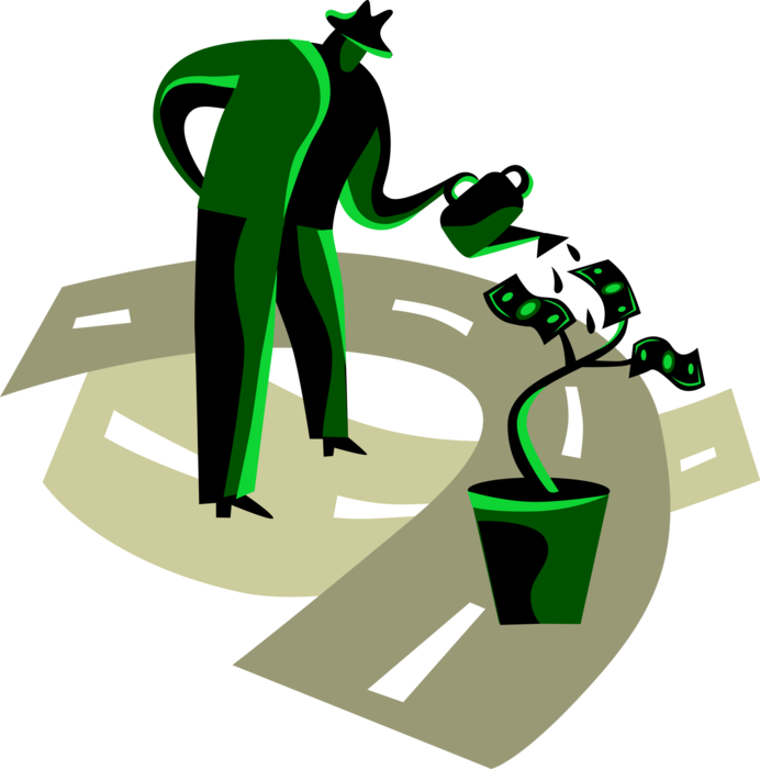 Vector Illustration of Businessman Waters Money Tree Cash Dollars to Nurture Corporate Financial Growth with Watering Can