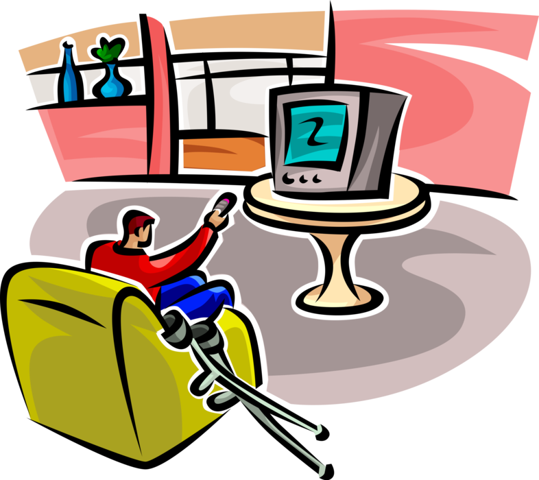 Vector Illustration of Handicapped or Disabled Man with Crutches Watches Television TV 