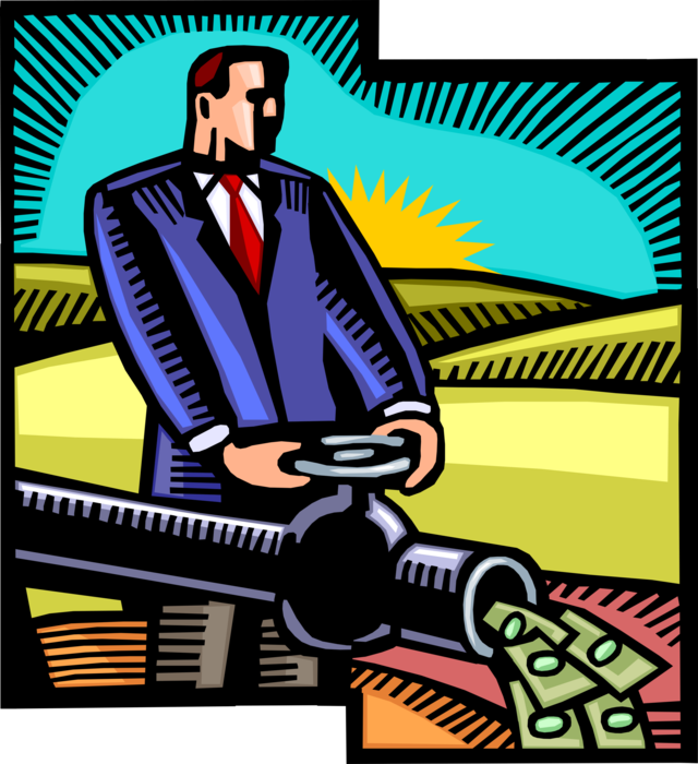 Vector Illustration of Businessman Turns Valve on Financial Cash Money Fossil Fuel Petroleum Pipeline