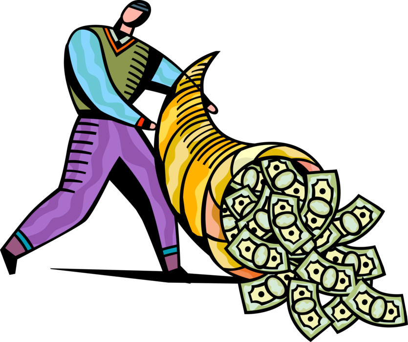 Vector Illustration of Businessman with Cornucopia Horn of Plenty Spilling Out Cash Money Profit Dollars