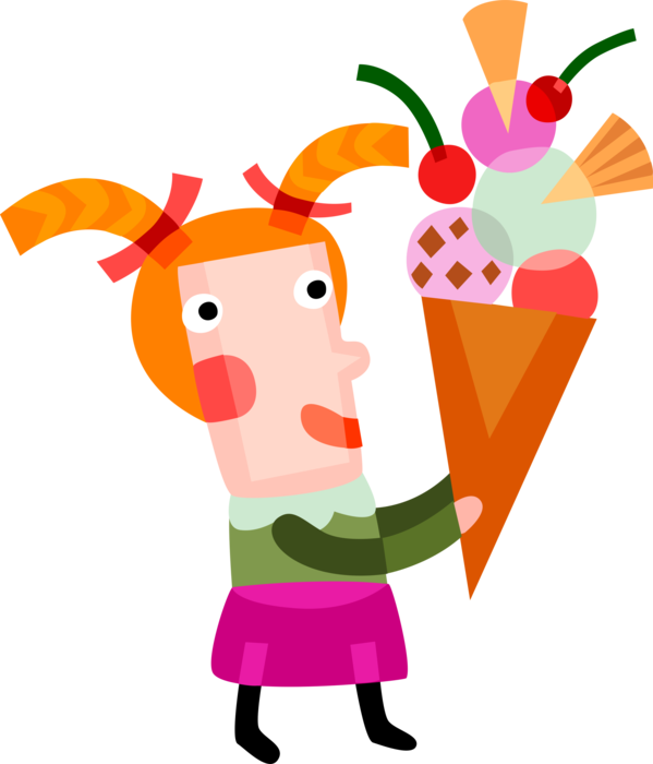Vector Illustration of Young Girl with Large Ice Cream Cone Treat