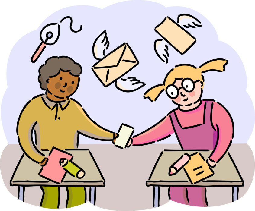 Vector Illustration of Students Exchange Written Letter Notes in School Classroom