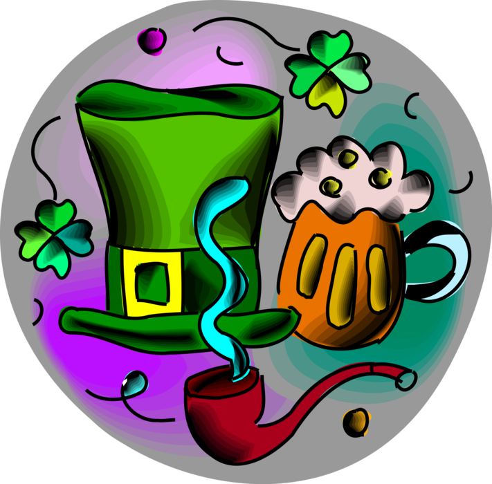 Vector Illustration of St Patrick's Day Irish Leprechaun Hat with Smoking Pipe, Mug of Beer, Lucky Shamrocks