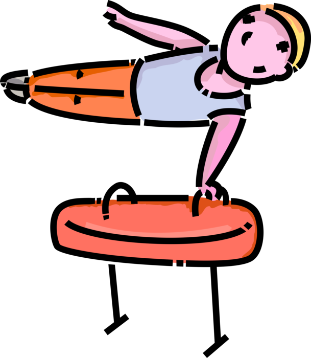 Vector Illustration of Primary or Elementary School Student Boy Gymnast Performs Routine on Gymnastics Pommel Horse