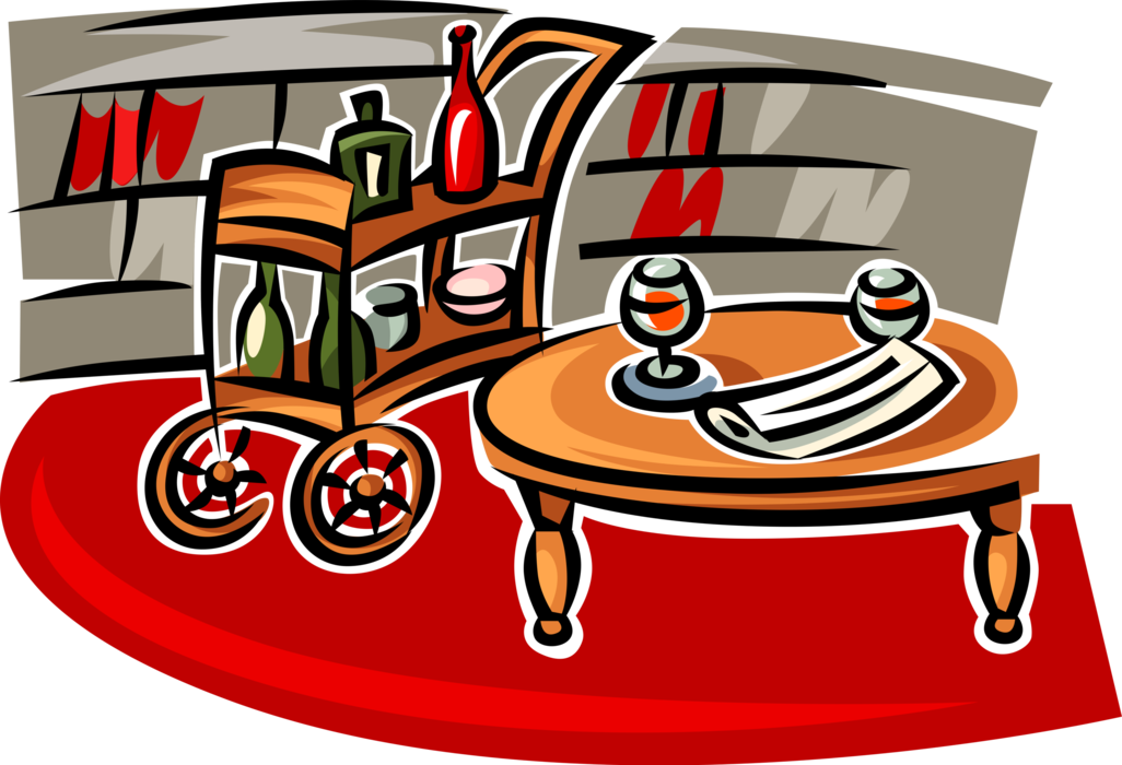 Vector Illustration of Liquor Drink Cart, Coffee Table in Home Study with Brandy Snifters