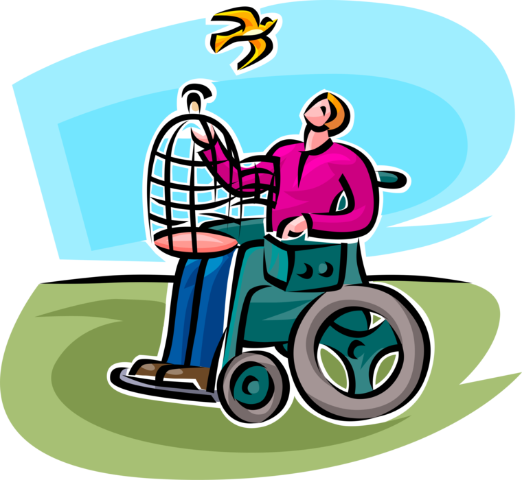Vector Illustration of Disabled Man with Physical Disabilities in Wheelchair Releases Bird from Birdcage