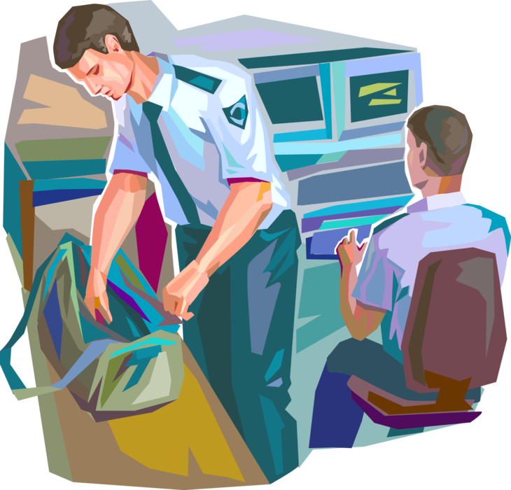 Vector Illustration of Airport Terminal Passenger Check-In Baggage Security Screening for Restricted and Prohibited Items