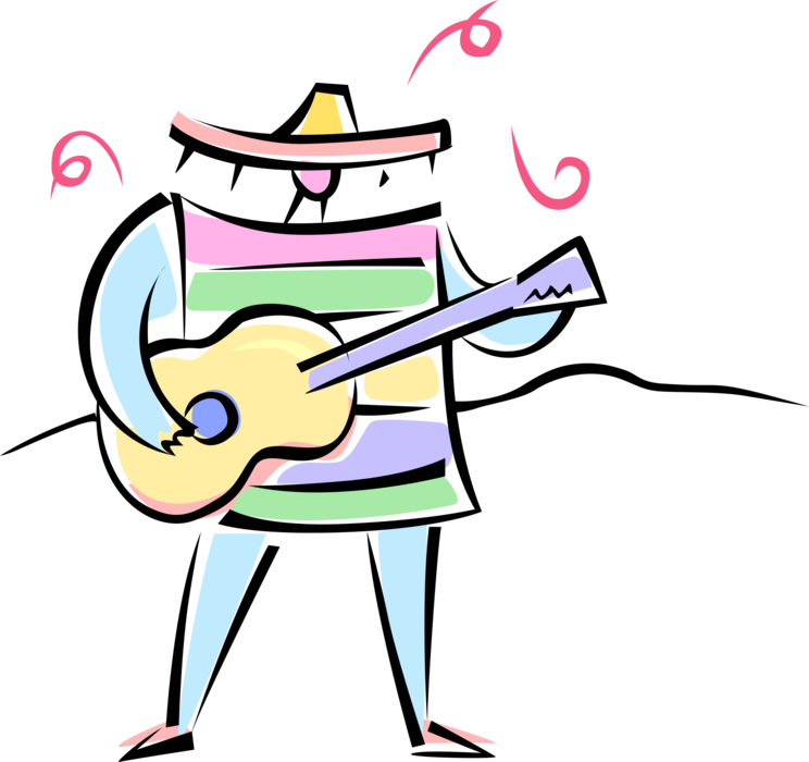 Vector Illustration of Mexican Man with Sombrero Plays Acoustic Guitar Musical Instrument