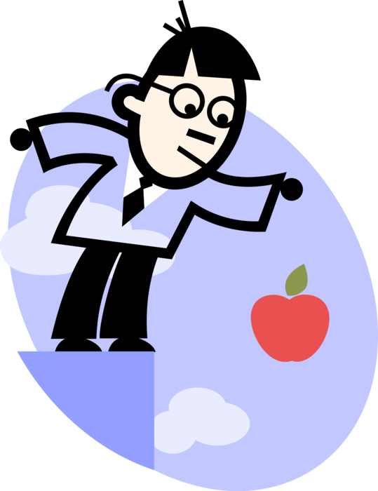 Vector Illustration of Businessman Tests Sir Isaac Newton's Law of Gravity by Dropping Apple Fruit