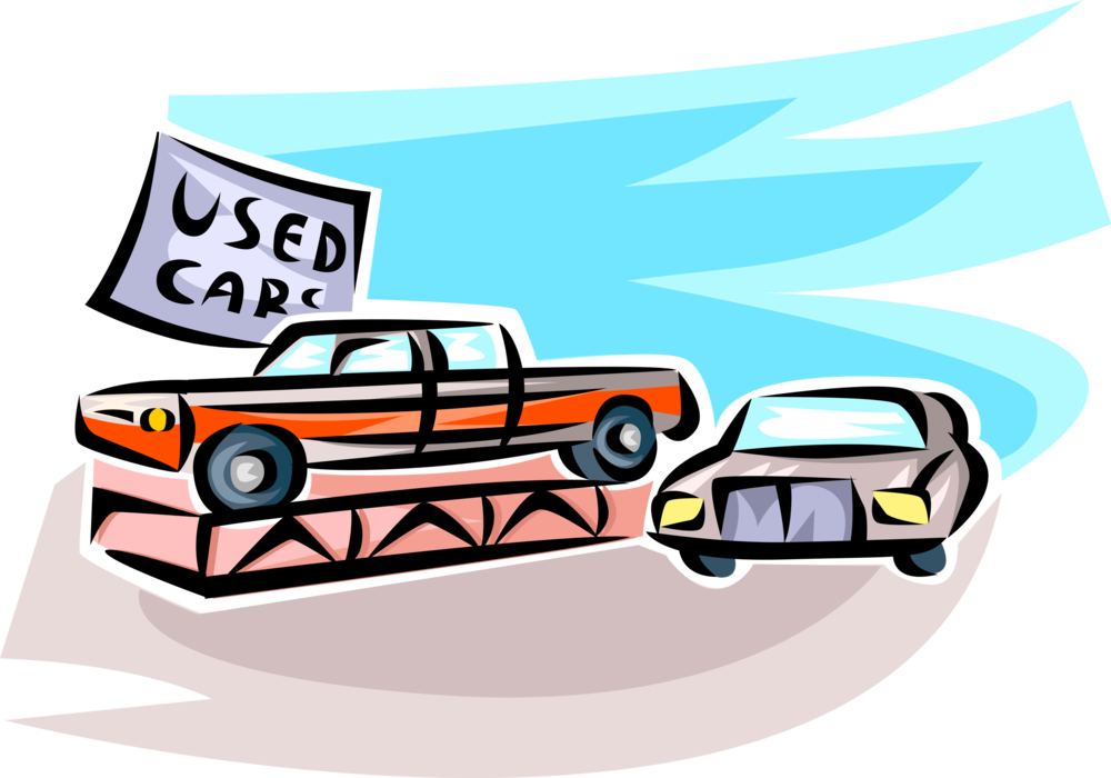 Vector Illustration of Automobile used Car Sales Lot with Motor Vehicle Cars