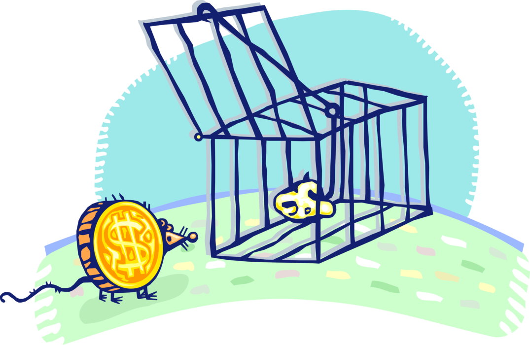 Vector Illustration of Financial Money Trap Cage with Rodent Mouse and Cheese