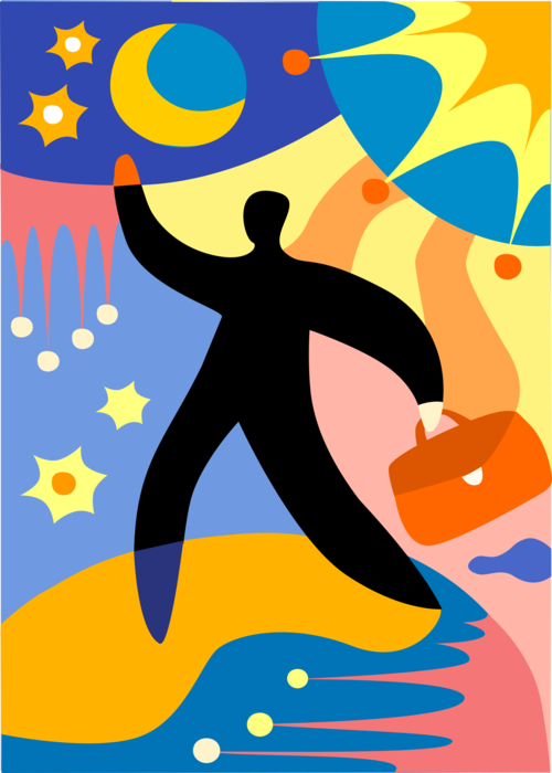 Vector Illustration of Successful, Accomplished Businessman Reaches for the Stars